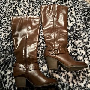 Brown leather knee high boots with heel